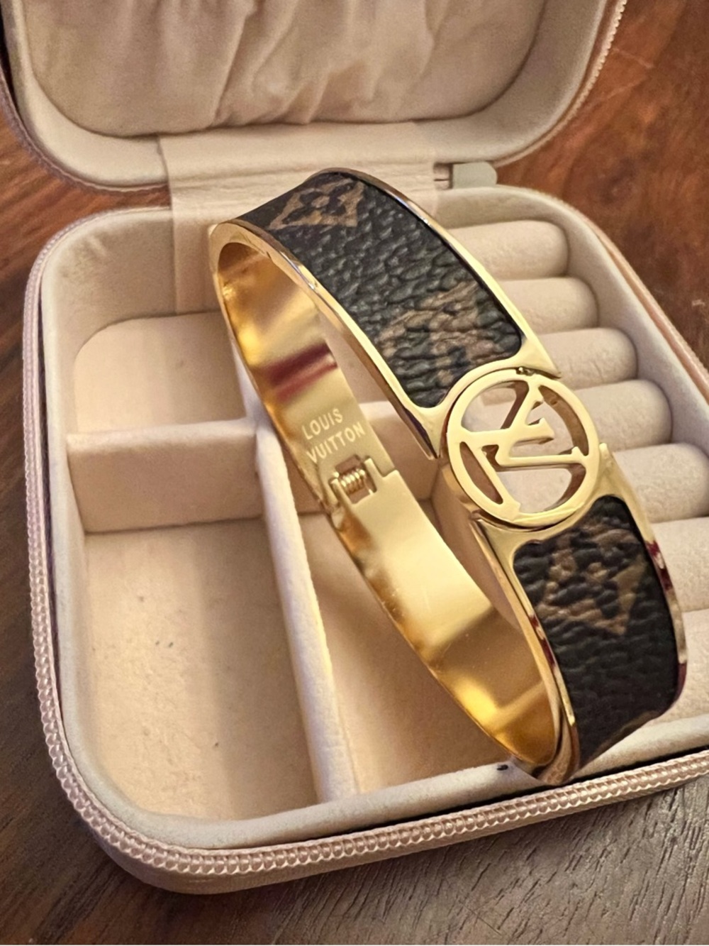 Louis Vuitton Brown Monogram Leather Bracelet with Gold LV Medallion - Picture 2 of 2
